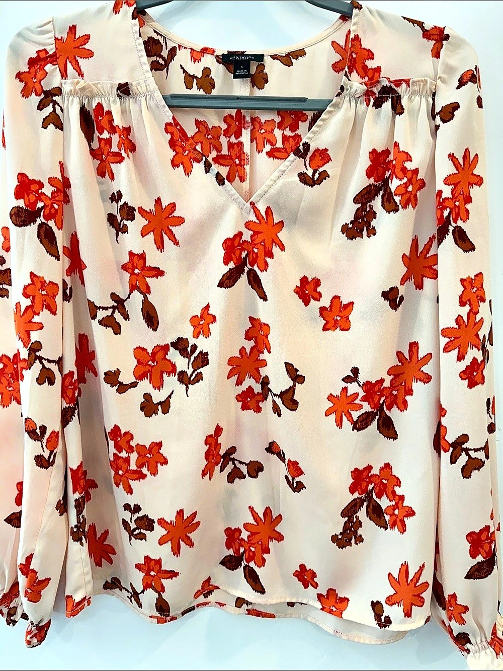 Ann Taylor Fall Floral Long Sleeve Blouse in White & Red